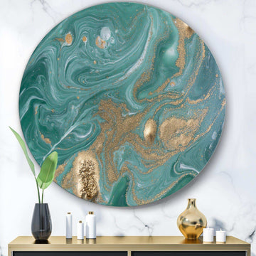 Nature Green and Gold Marble - Abstract Metal Circle Wall Art